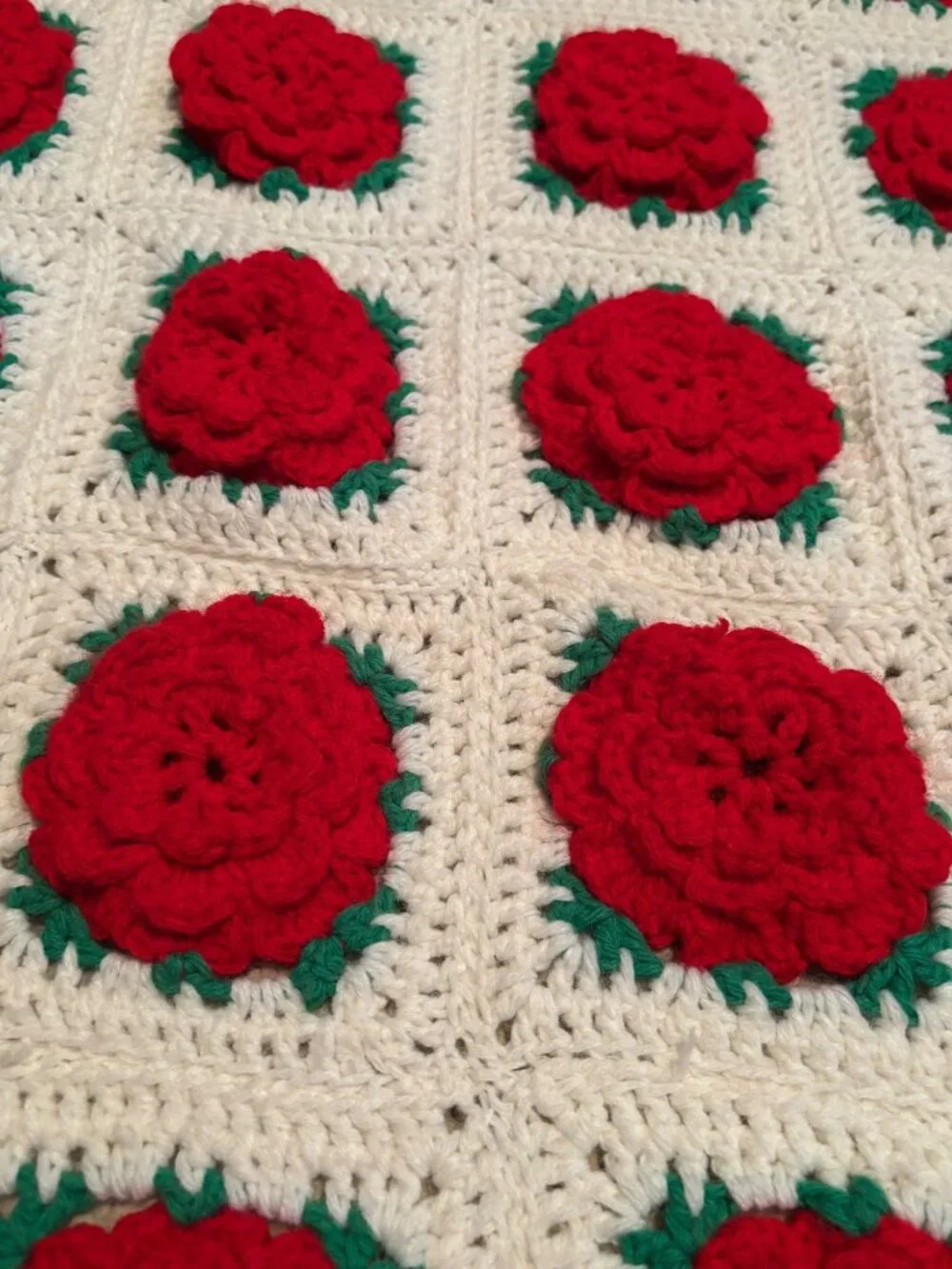 Handmade Crochet Blanket With Red 3D Rose Motif And White Background 42